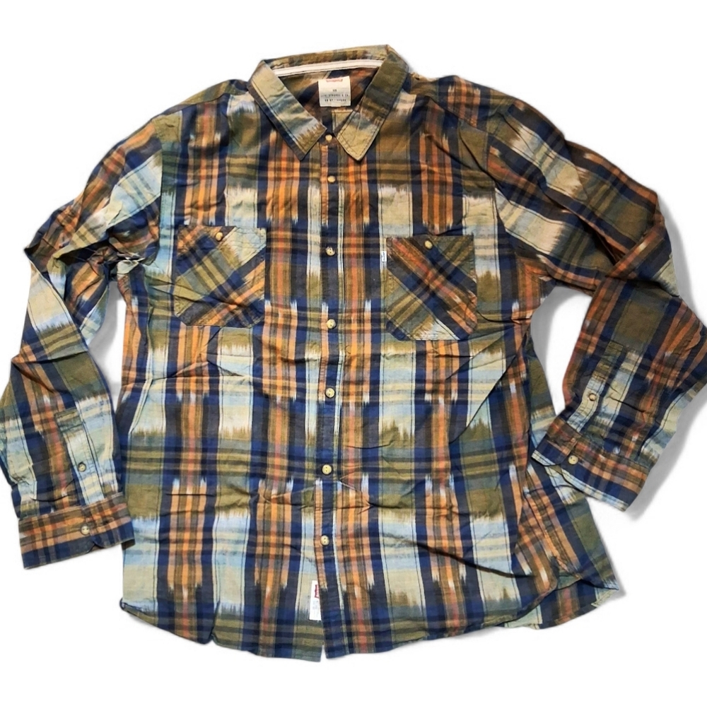 Men's Levi's Orange/Olive/Blue Flip Collared Button Down Flannel In Size 3XL
